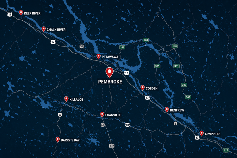 Ottawa Valley service area map centered on Pembroke with surrounding communities labeled