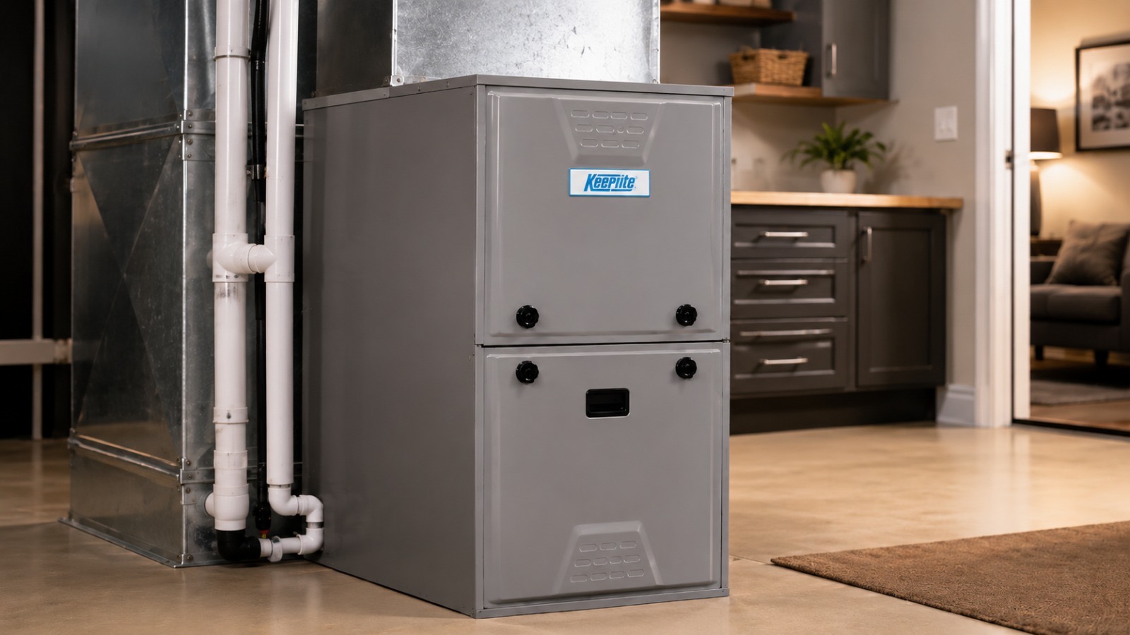New high-efficiency furnace installed in a residential utility room