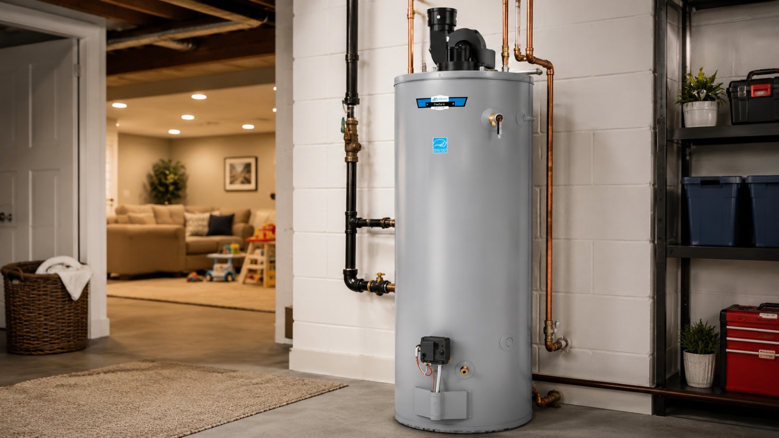 Residential hot water tank installed in a clean utility room
