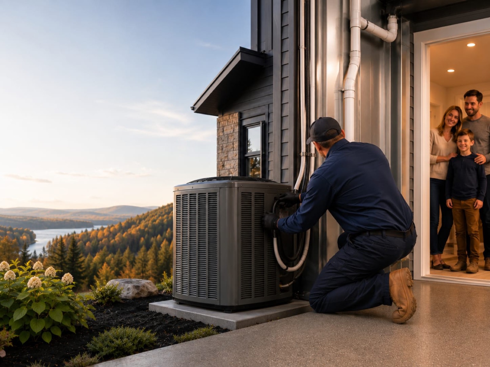 Technician repairing a furnace on an emergency call