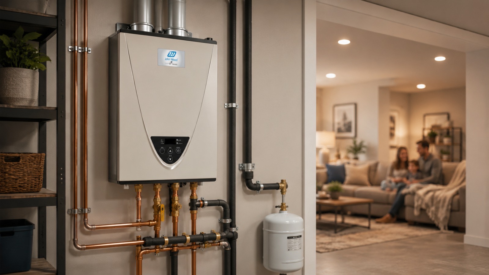 Modern tankless water heater wall-mounted in a residential utility room